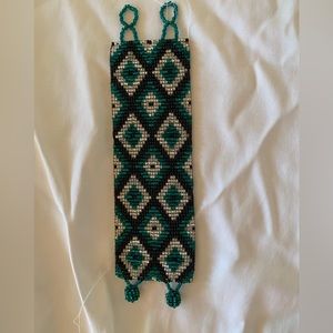 Mexican Huichol Bracelet green black and silver